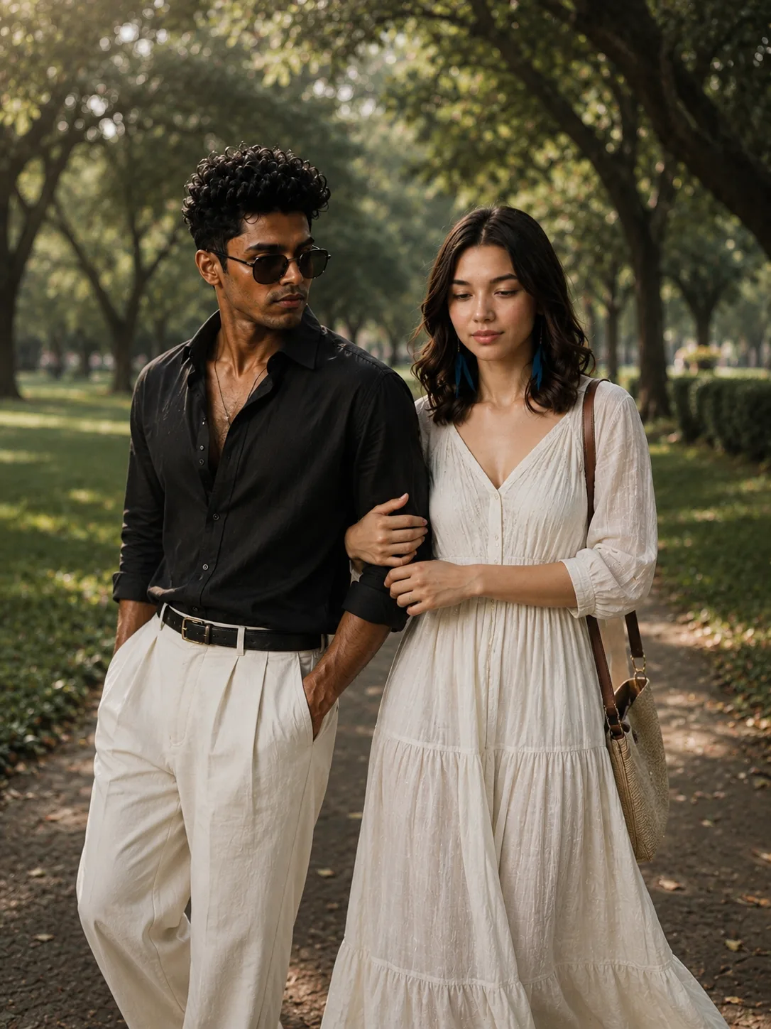 Ultra-realistic cinematic editorial photograph of a stylish young couple walking together on a peaceful tree-lined park pathway during