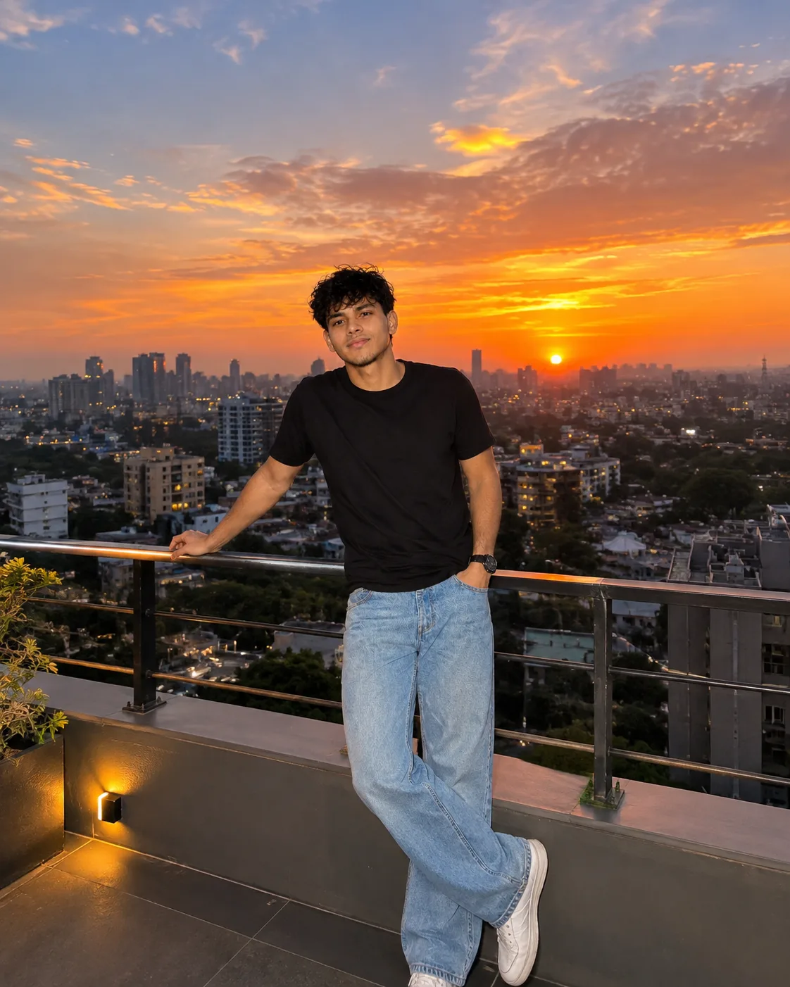 Create an ultra-realistic cinematic photograph of a young man standing casually on a modern rooftop during a breathtaking sunset.