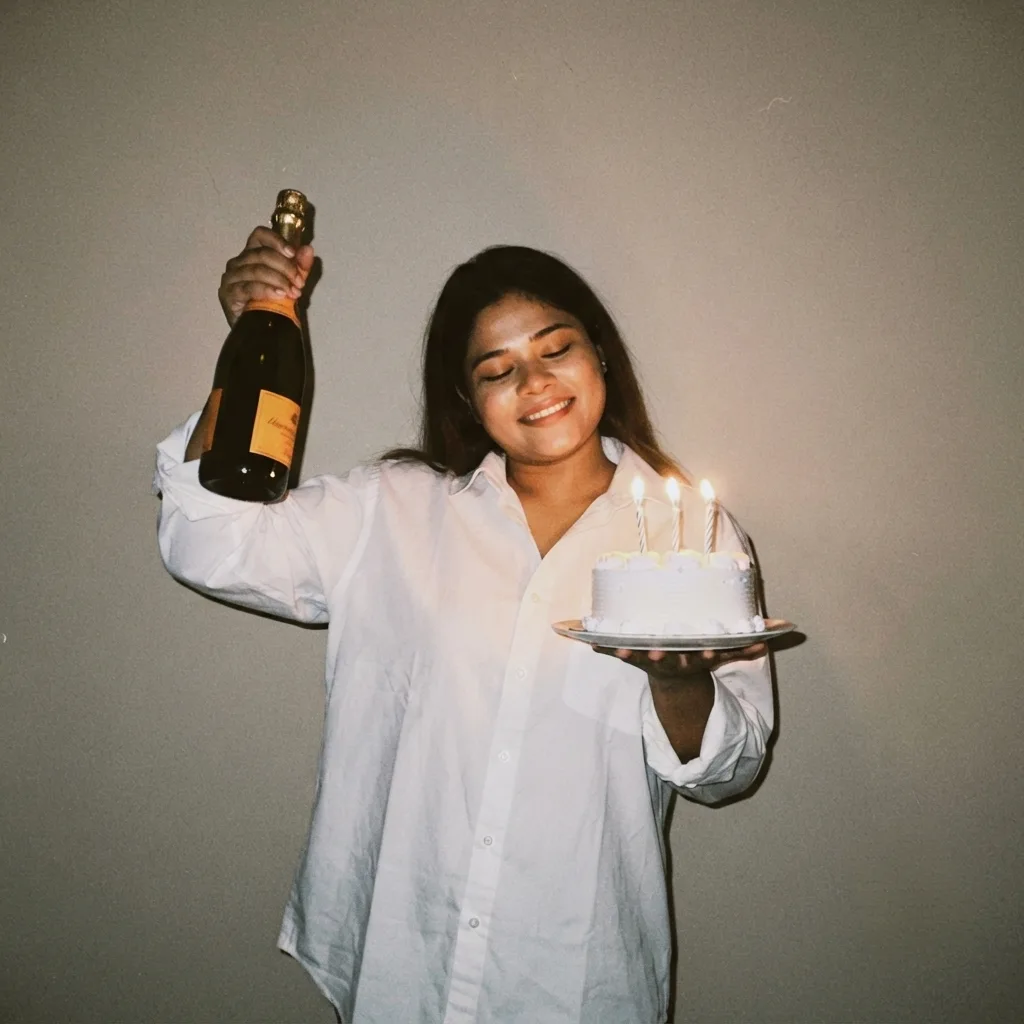 A flash-photography style portrait of a young Asian woman with long dark hair, wearing an oversized white button-down shirt.