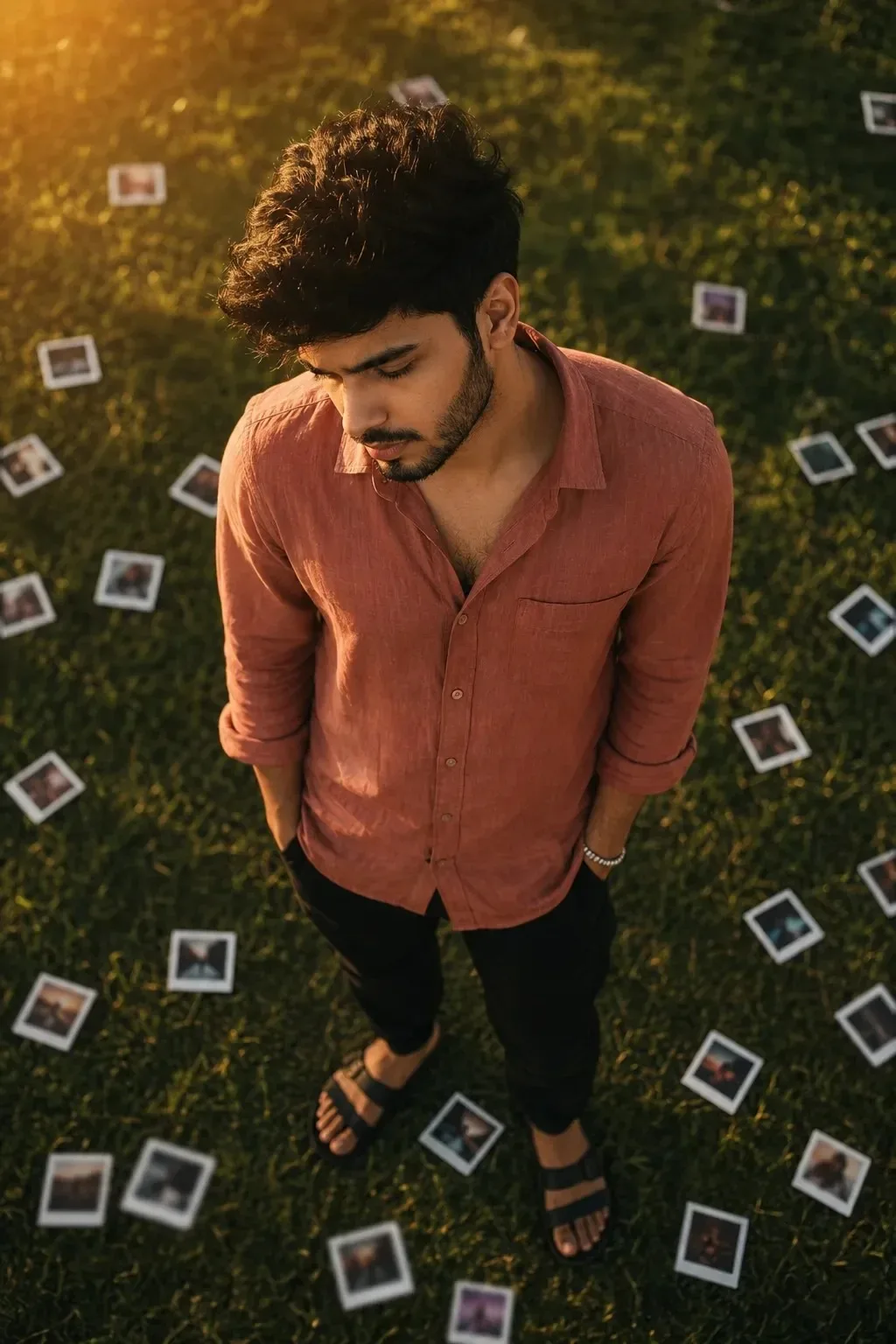 Polaroid photos scattered all around him on grass.