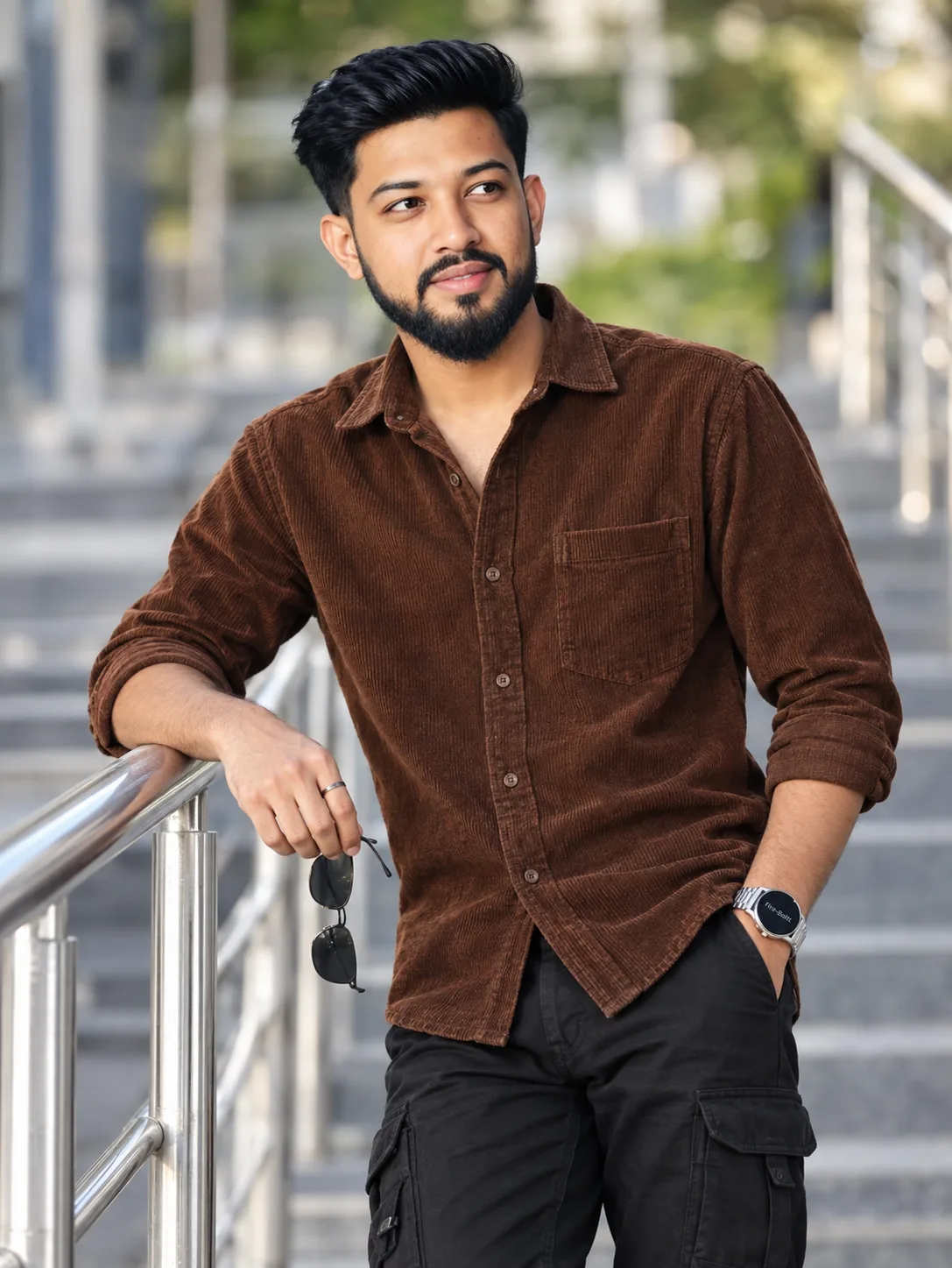 Ultra-realistic half-body cinematic portrait of an 18-year-old South Asian slim man with exact face from reference, wearing a deep and