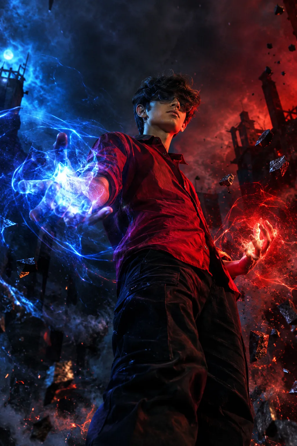 Create an ultra-realistic cinematic 4K portrait of a young man standing confidently in the middle of a dark atmospheric urban environment,