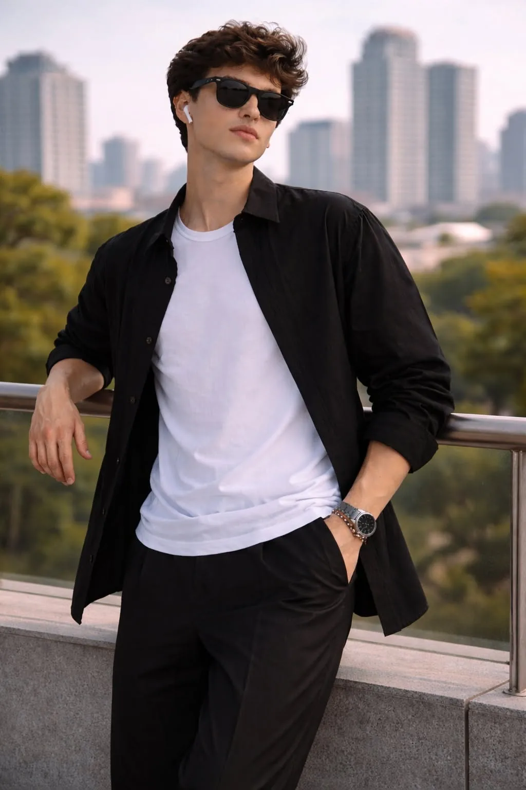 A high-quality lifestyle portrait of a stylish young man with wavy brown hair, leaning casually against a metal railing on a rooftop