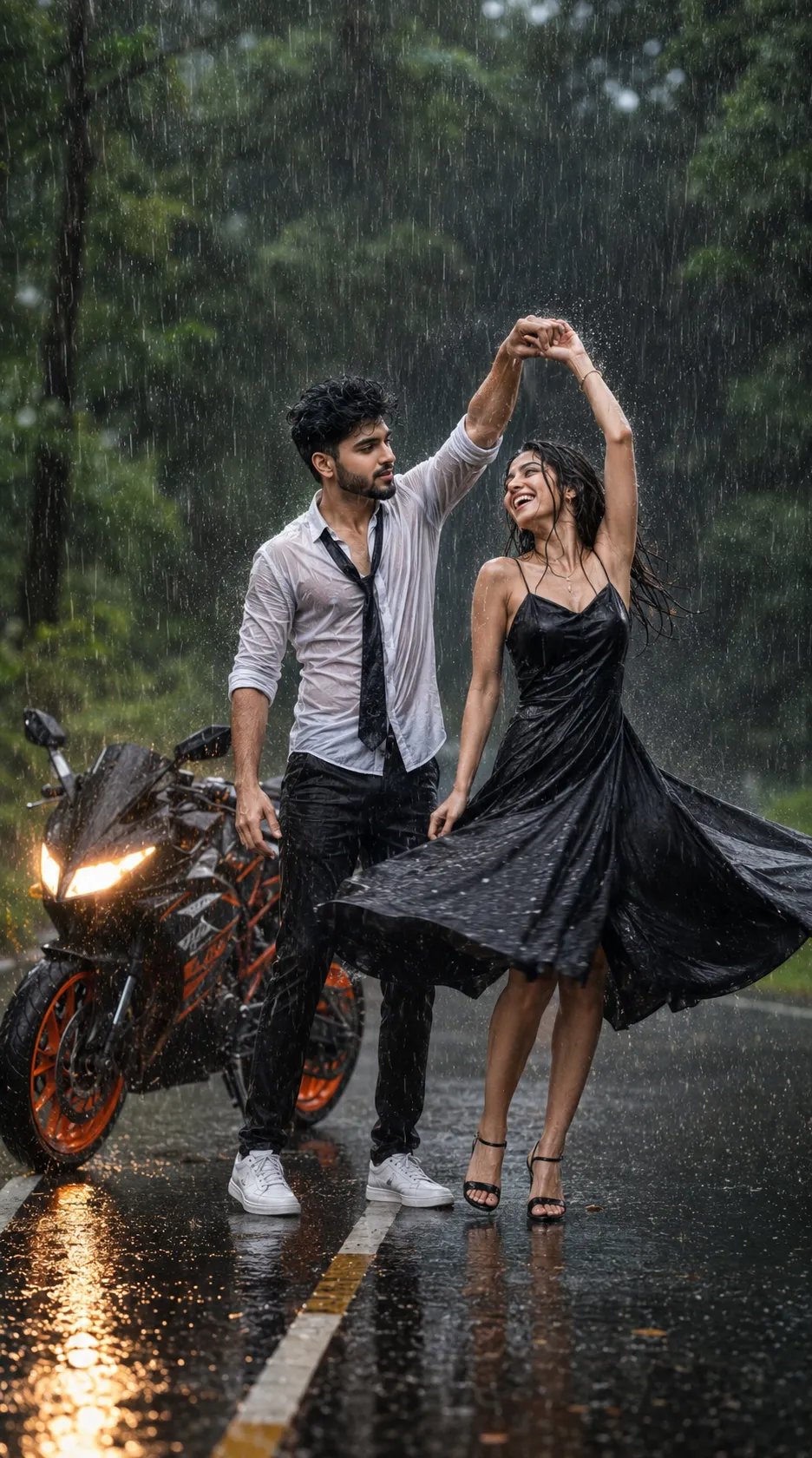 A cinematic, full-body portrait of a joyful young couple dancing playfully in a heavy downpour on a wet, asphalt road winding through a