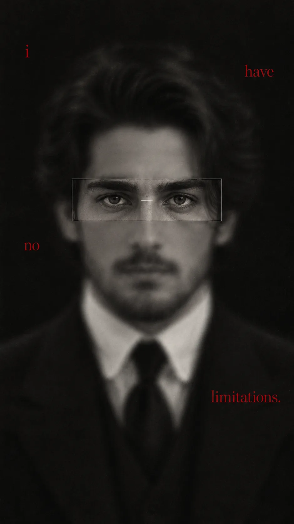 **Create a vertical 9:16 cinematic editorial poster in monochrome black and white.** A pale, sharp-featured man in a dark vintage suit,