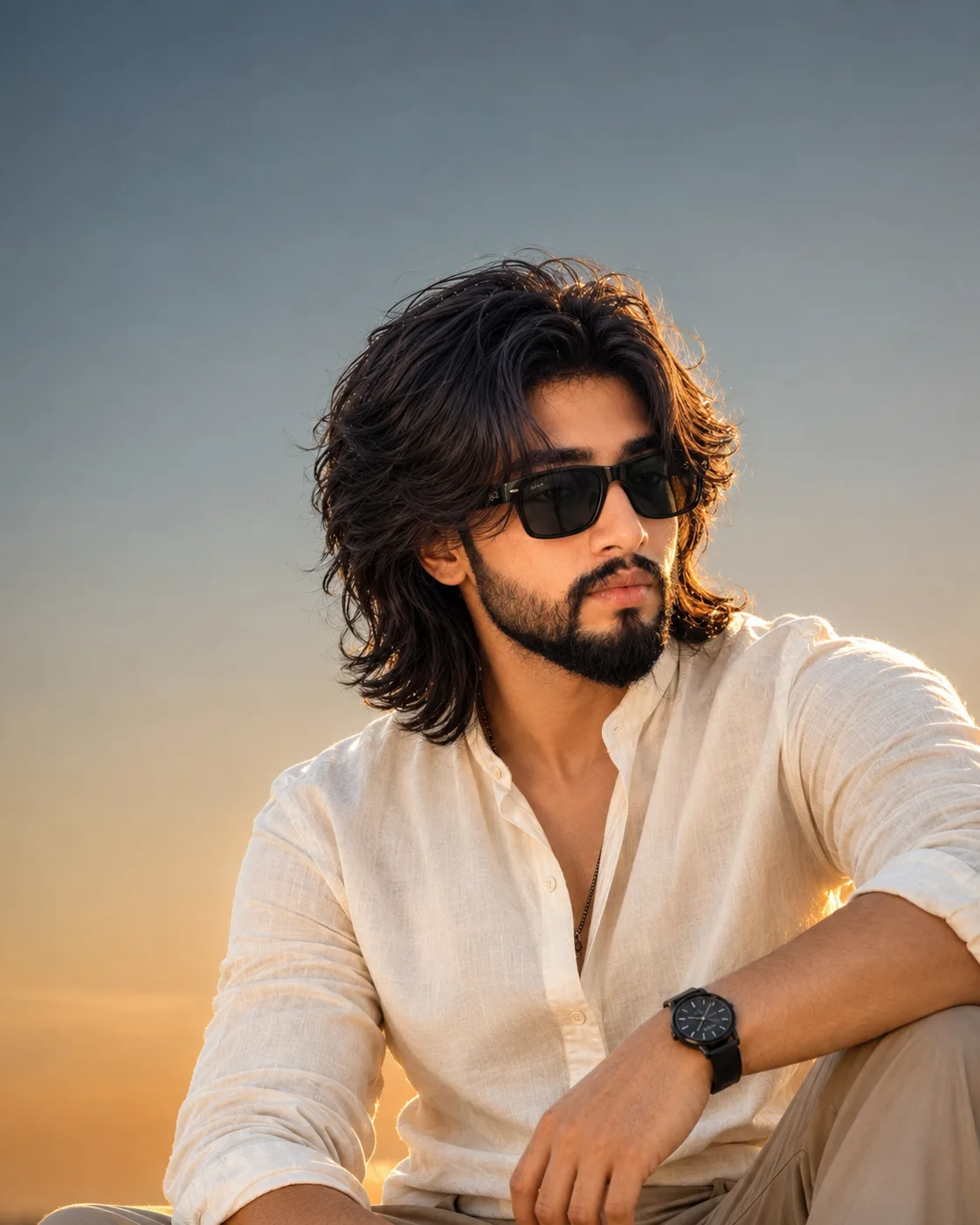 Create a premium ultra-realistic cinematic fashion portrait of a stylish young adult man photographed outdoors during a warm golden-hour