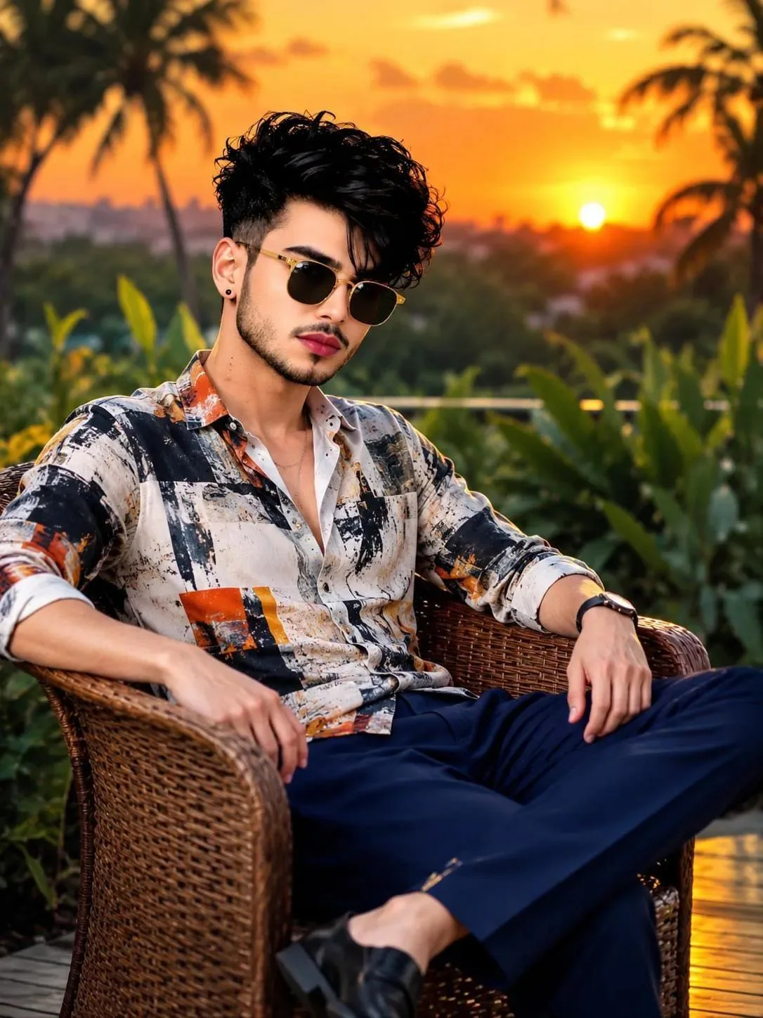 Ultra-realistic 8K portrait of a young man end black golden sunglasses sitting sideways and preservation black hair, wearing a trendy