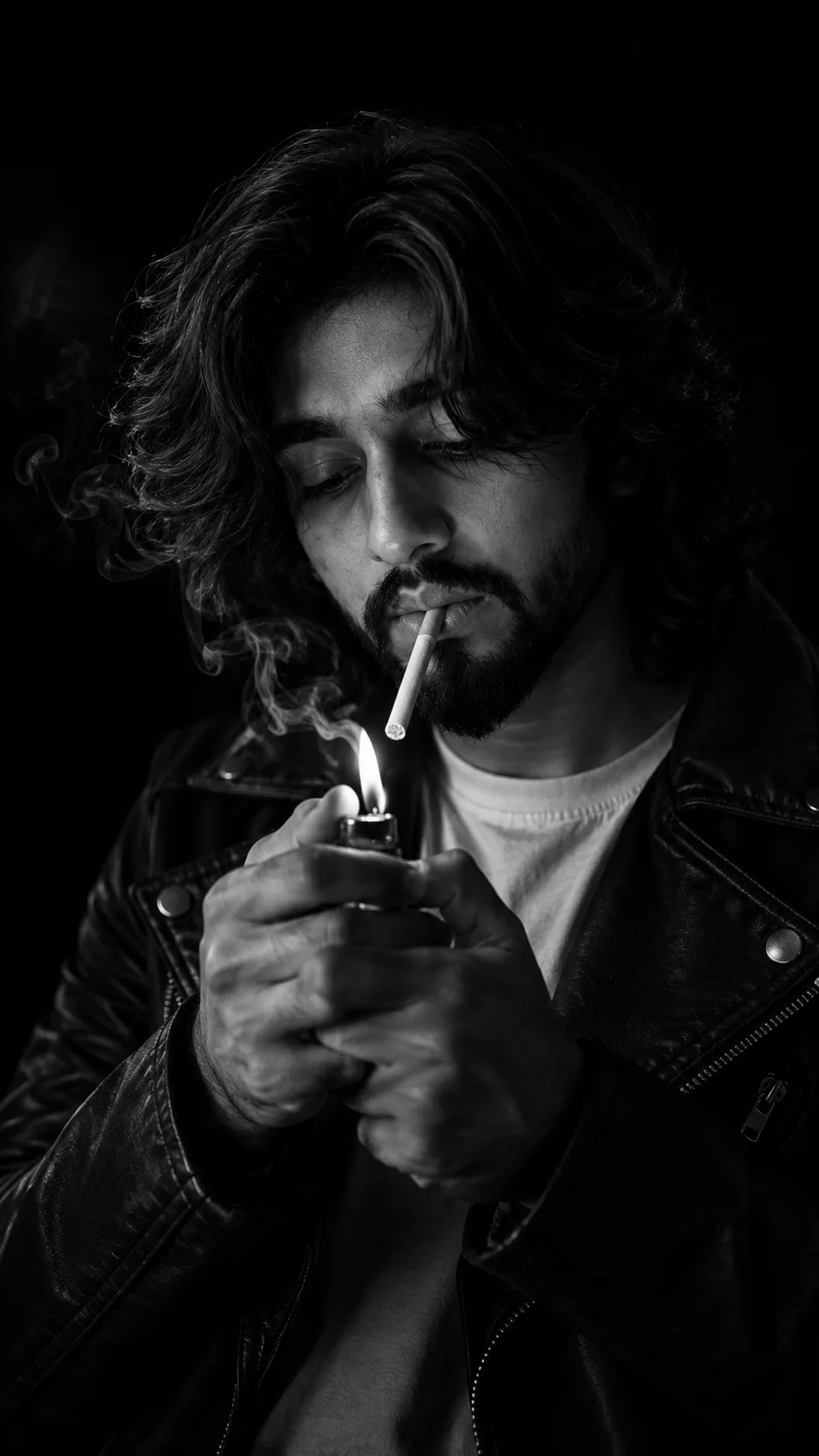 A dramatic, black and white portrait featuring a man with wavy, medium-length hair and a beard, in a focused, downward gaze.
