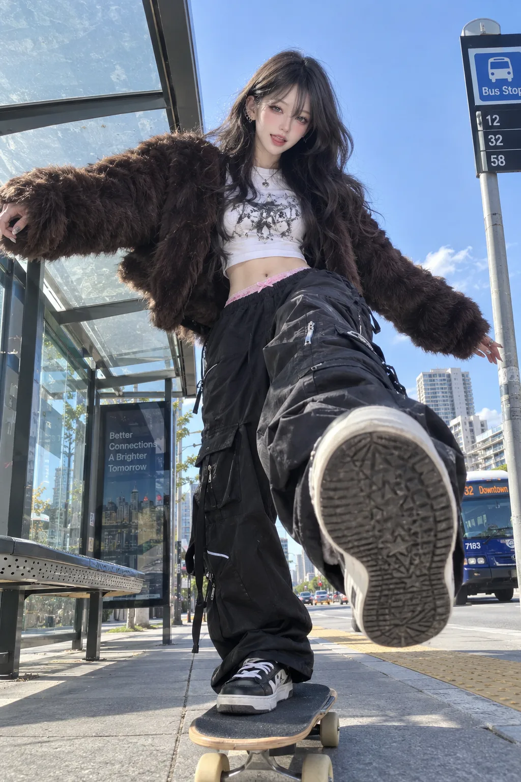 Ultra-wide low-angle street fashion portrait of a stylish young woman riding a skateboard at a modern city bus stop, one sneaker stepping