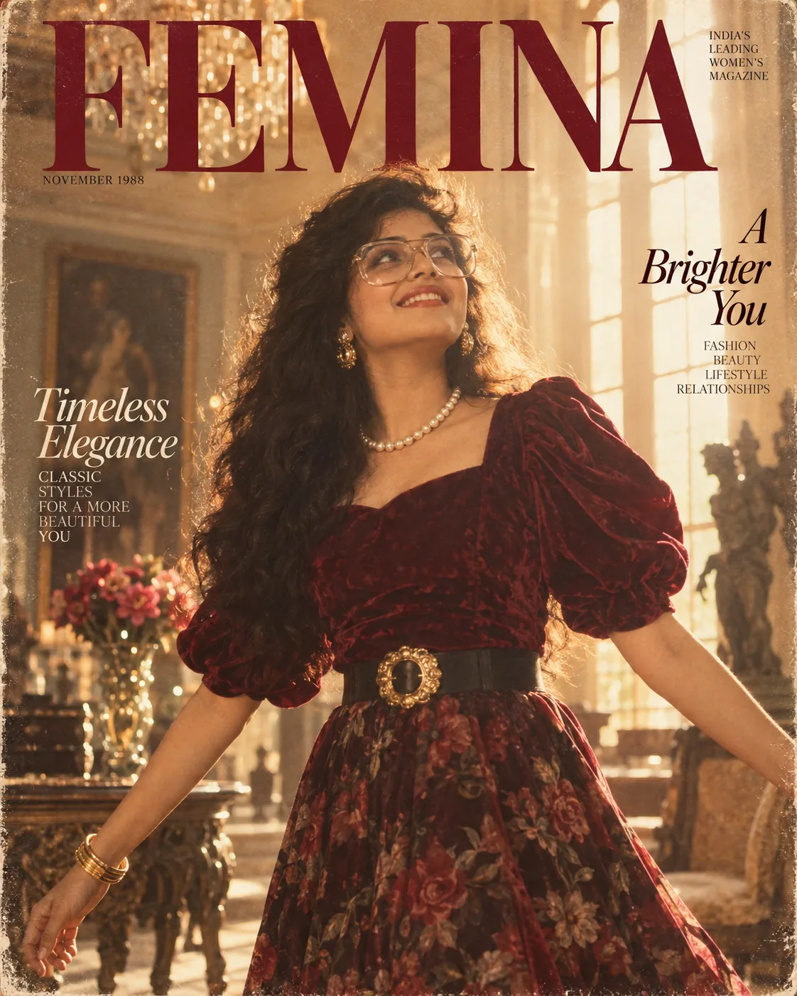 Create an ultra-realistic cinematic 1980s-inspired Indian fashion cover image using the reference image for composition, styling, pose,