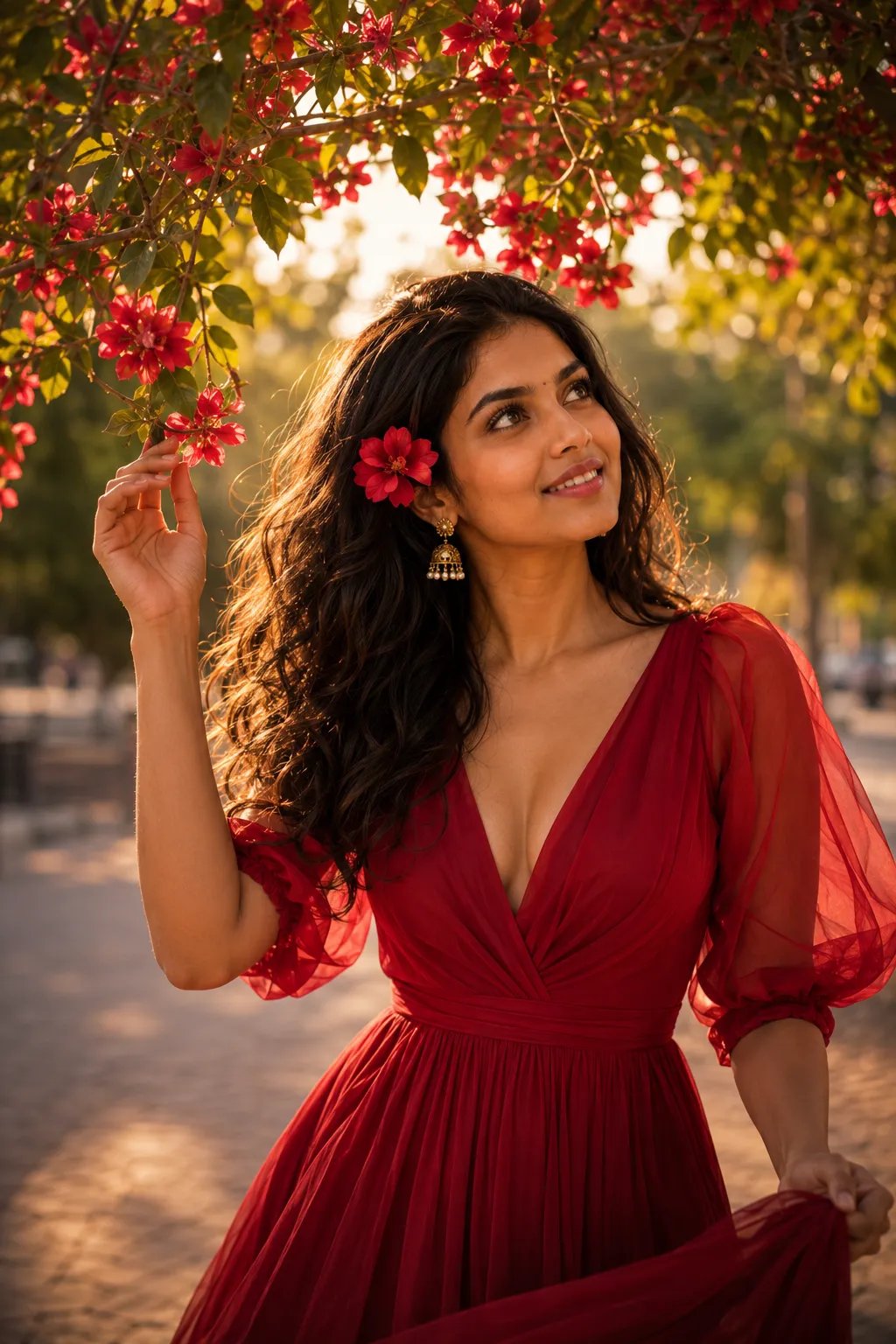 ❤️❤️❤️ Heart Filled with 📸📸📸 Ultra-realistic cinematic portrait of a beautiful young South Asian woman standing beneath a blooming tree,