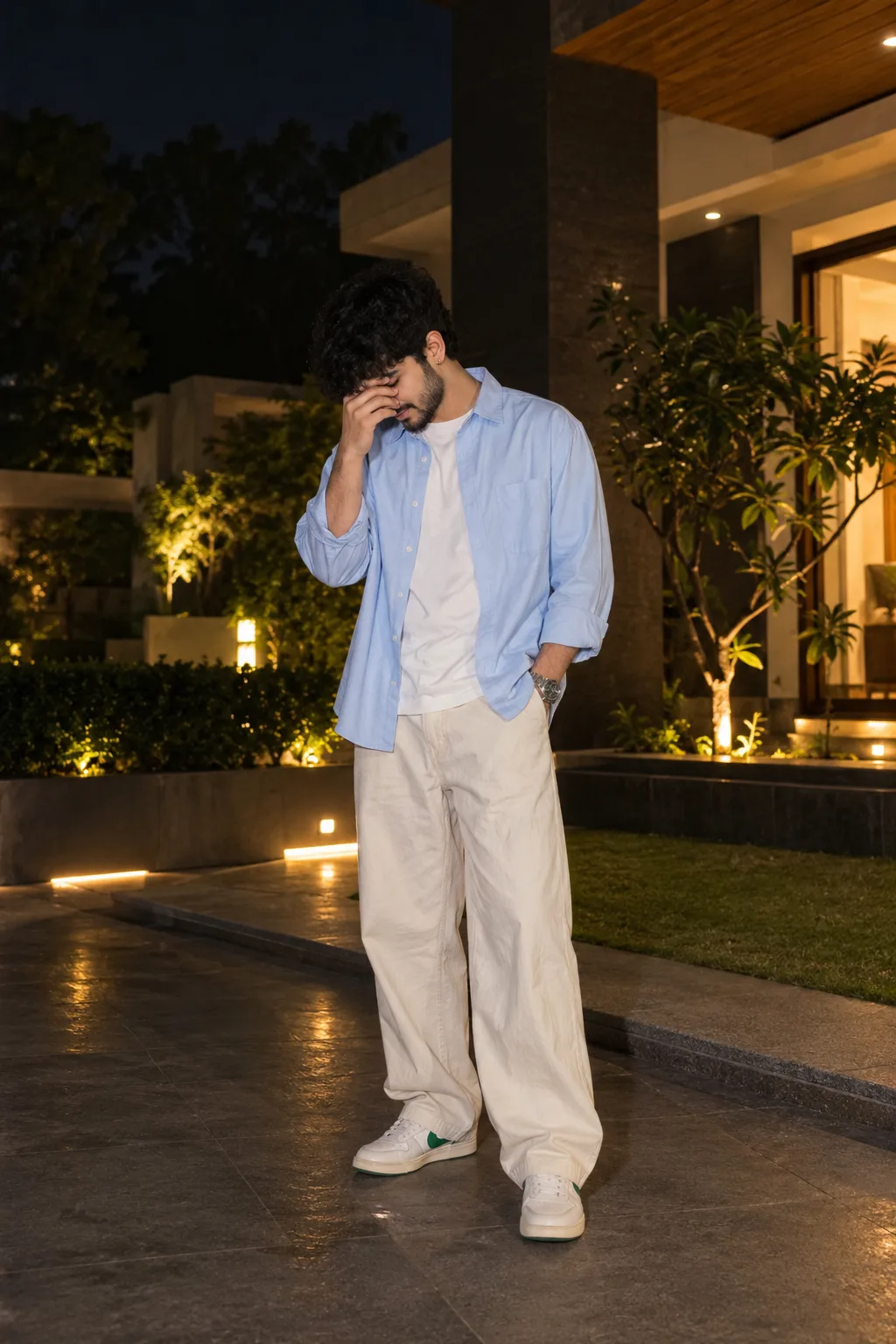 Ultra realistic cinematic portrait of a stylish young man with curly hair, same person as the reference, standing outdoors at night in a