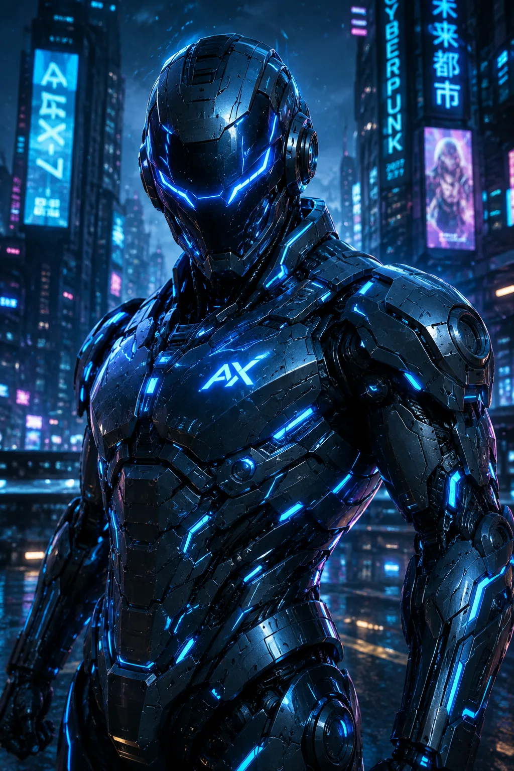 Advanced cyberpunk robot, glowing blue armor, futuristic city background, cinematic portrait, detailed