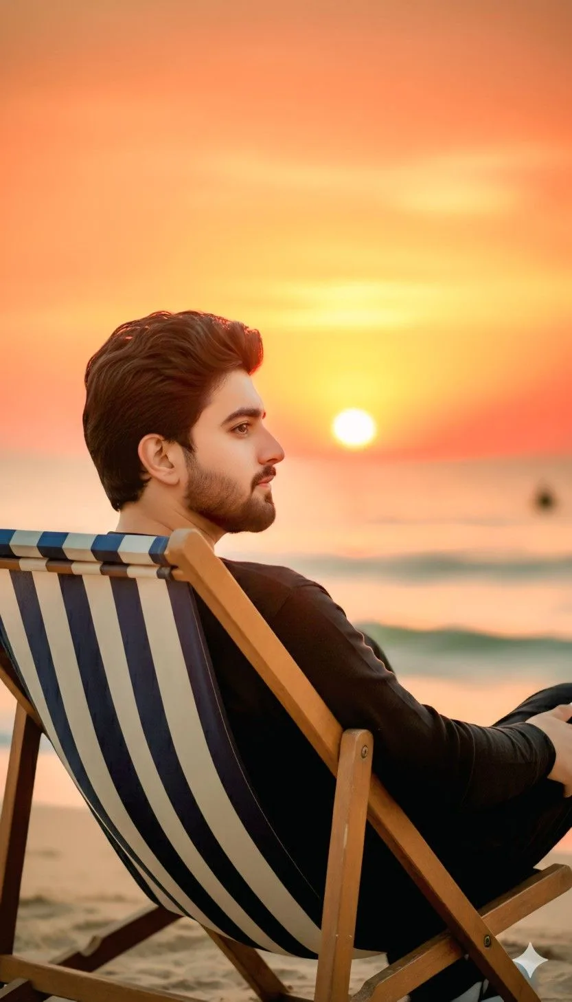 A beautiful cinematic medium shot from a side angle of a handsome young man with a neatly trimmed beard and perfectly styled brown hair,