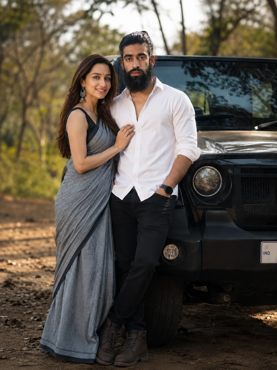 Create an ultra-realistic, high-resolution cinematic outdoor couple portrait using the two reference photographs as identity and appearance