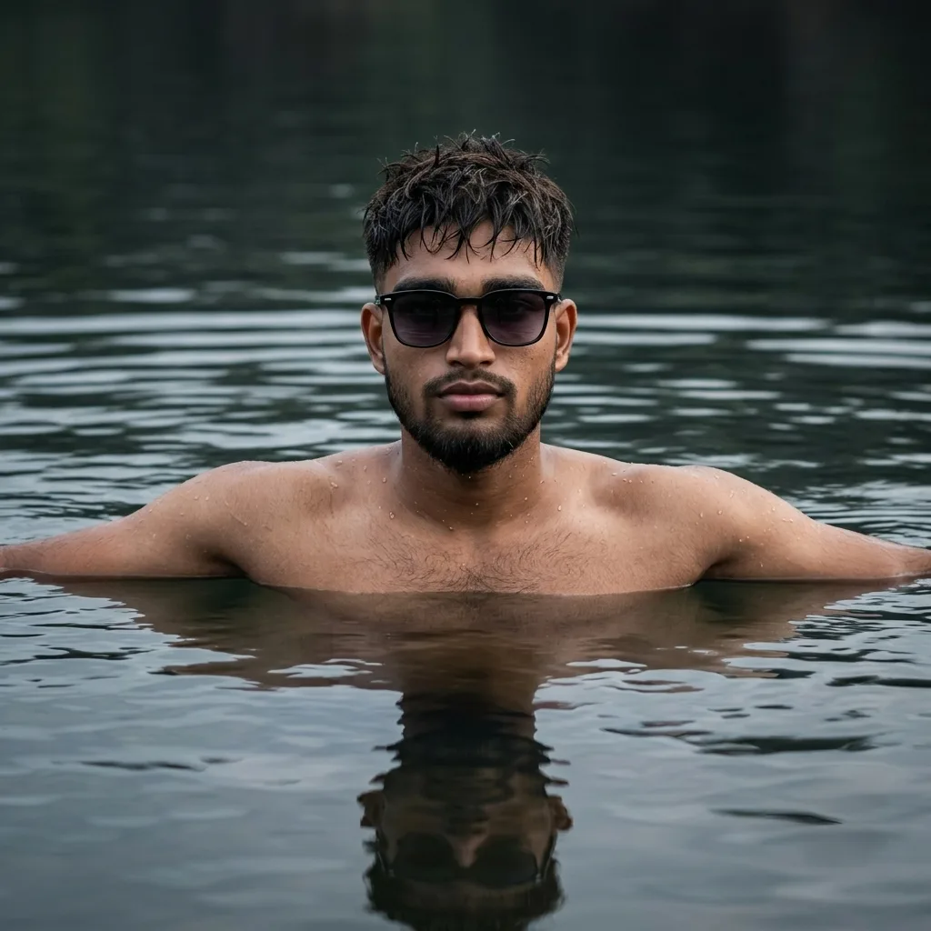 Detected Framing & Dimensions: Square aspect ratio (1:1), centered composition, chest-level submerged framing in calm dark water with
