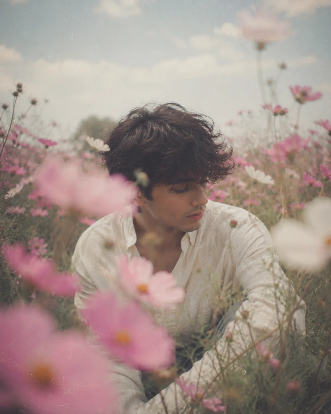 Using my uploaded photo as the main reference, create a dreamy, ethereal portrait in a cosmos flower field.