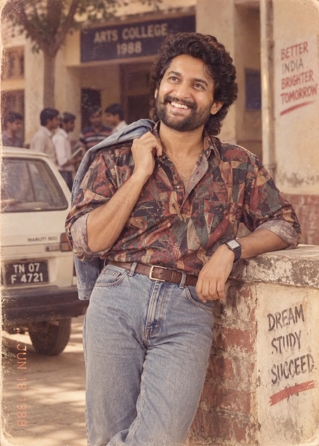 Use the uploaded photo and recreate the same person as if photographed in India in the late 1980s.