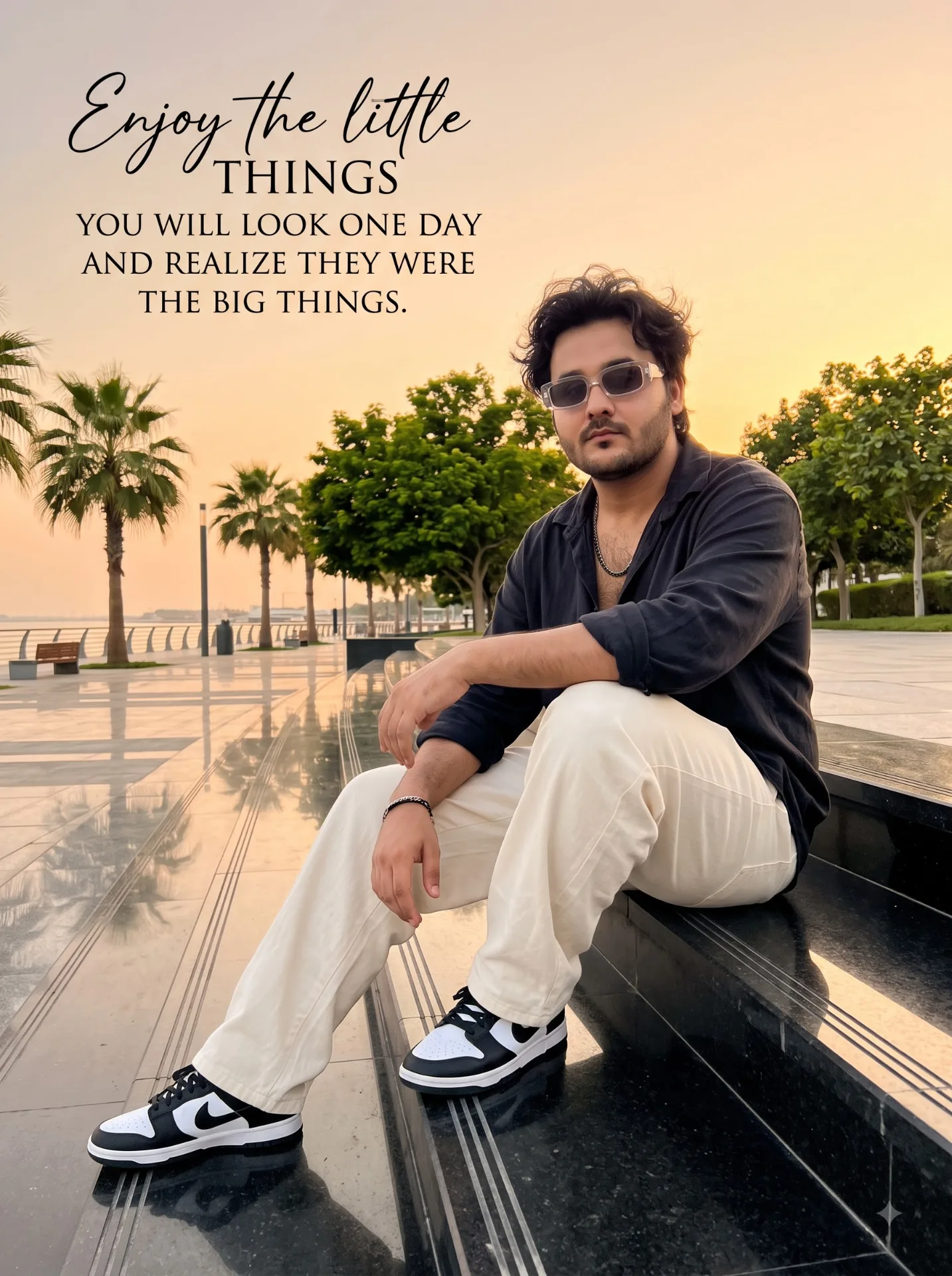 Create a “highly photorealistic cinematic Indian lifestyle photograph” of a young South Asian/Indian man sitting casually on polished stone