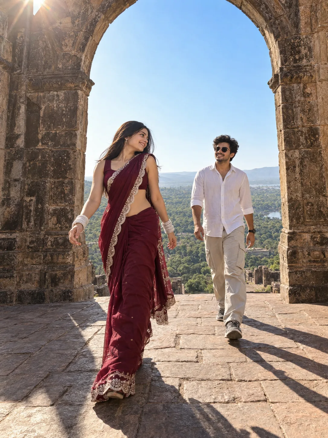 Photorealistic, 8k, highly detailed full-body travel photography shot of a young Indian couple walking through a massive ancient stone