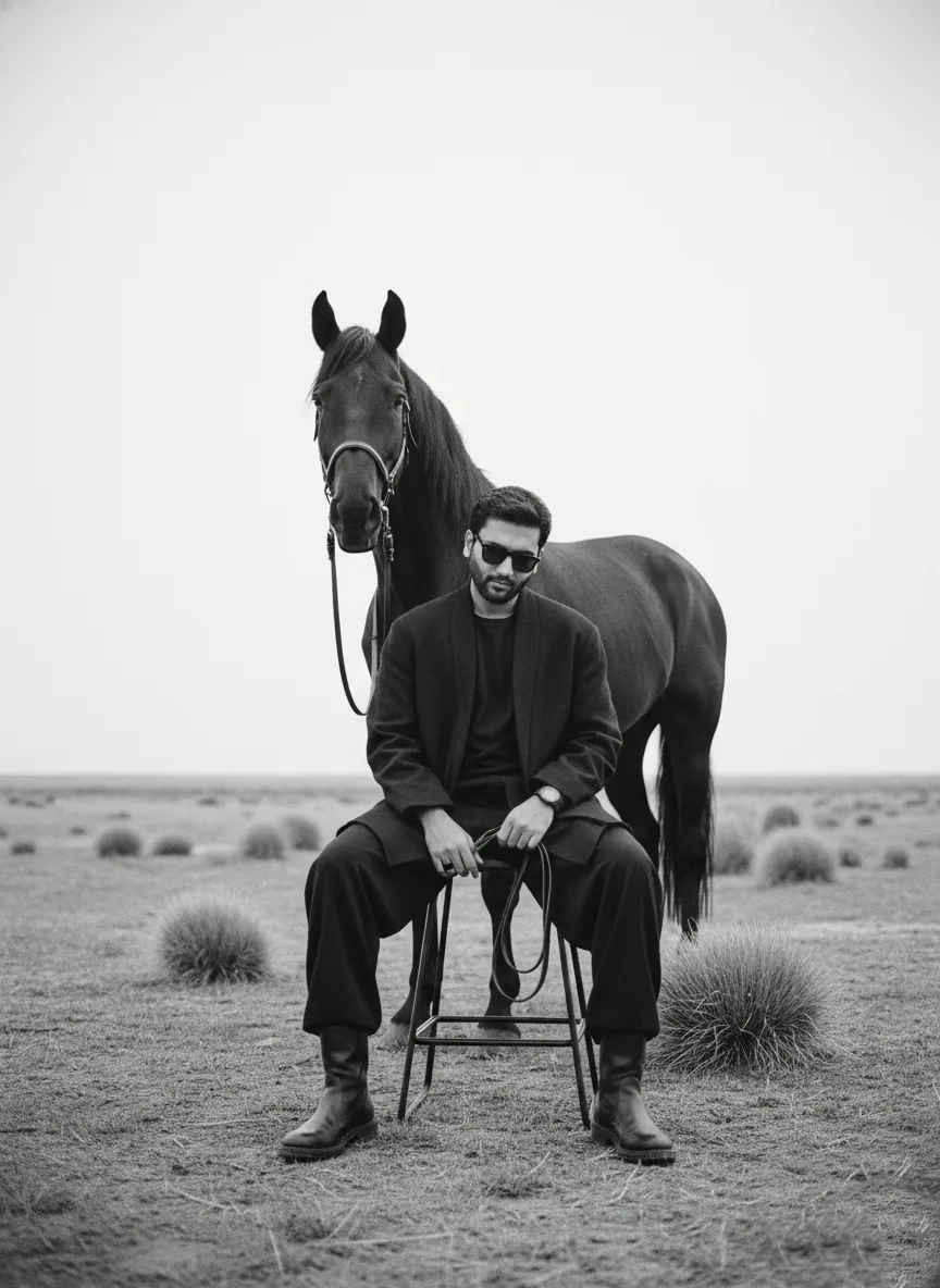 Photograph me sitting low on a minimalist metal stool, leg spread forward, and in a relaxed grounded face fleet planted on eventer, one