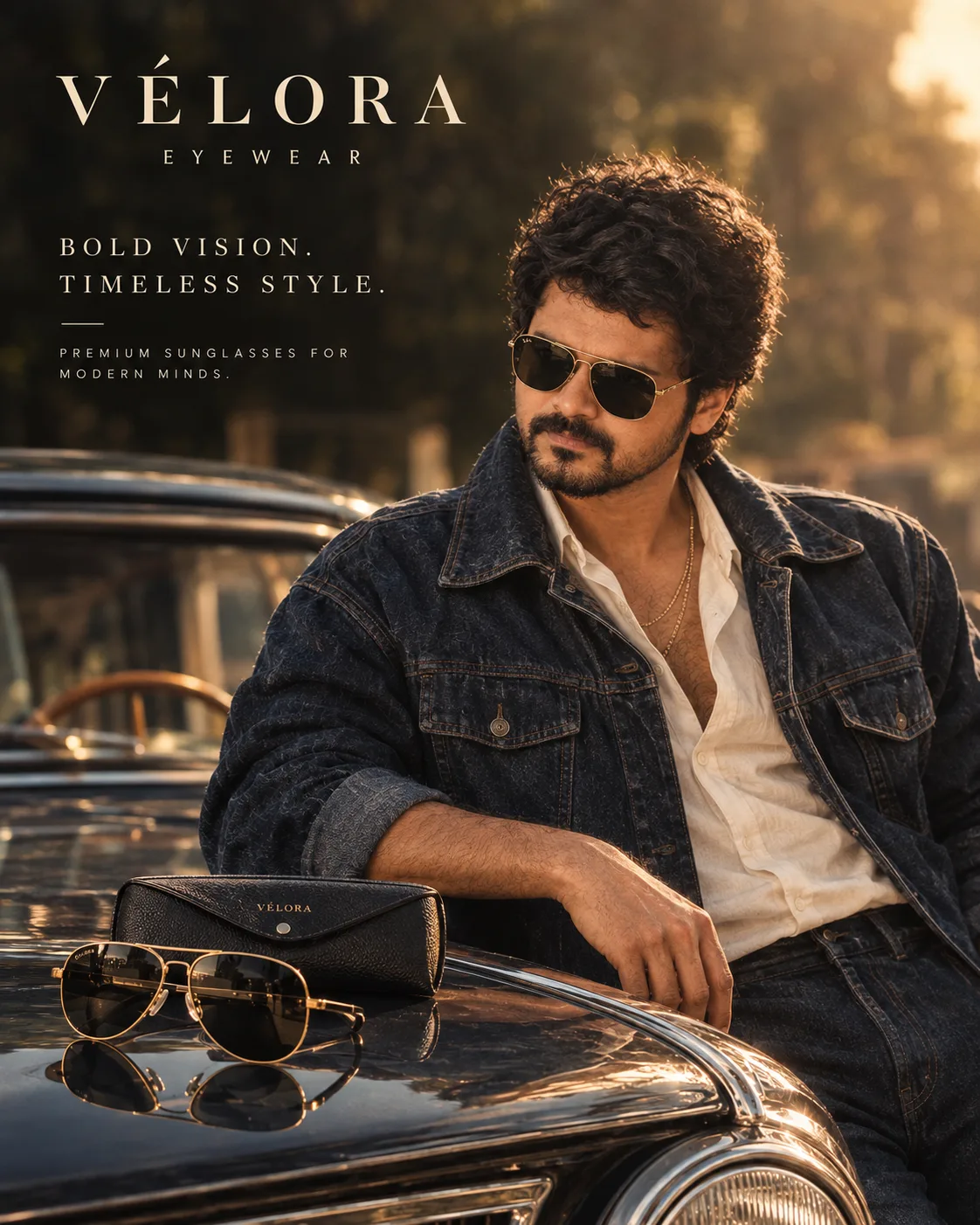Create a premium, photorealistic luxury eyewear advertising campaign featuring a stylish young Indian male model in an elegant cinematic
