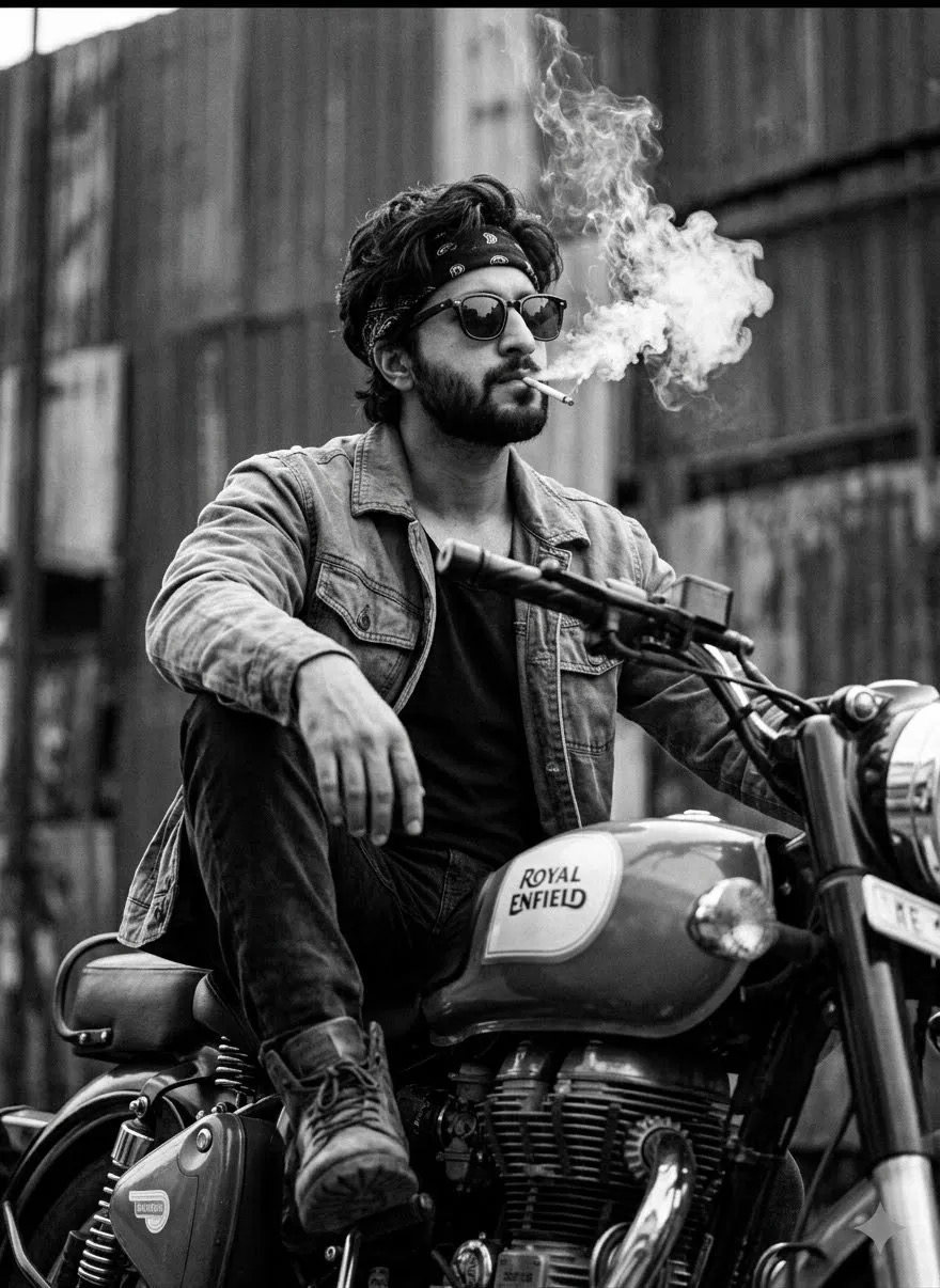 A striking, high-contrast black-and-white low-angle photograph of a rugged young man sitting casually on a vintage Royal Enfield
