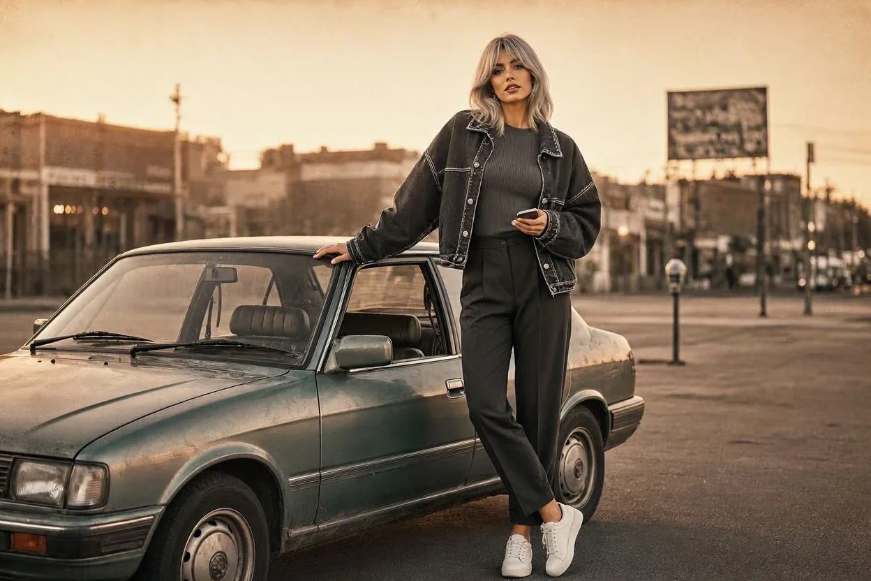 A high-fashion cinematic portrait of a modern woman with messy silver-blonde hair and bangs, leaning elegantly against a vintage 1990s
