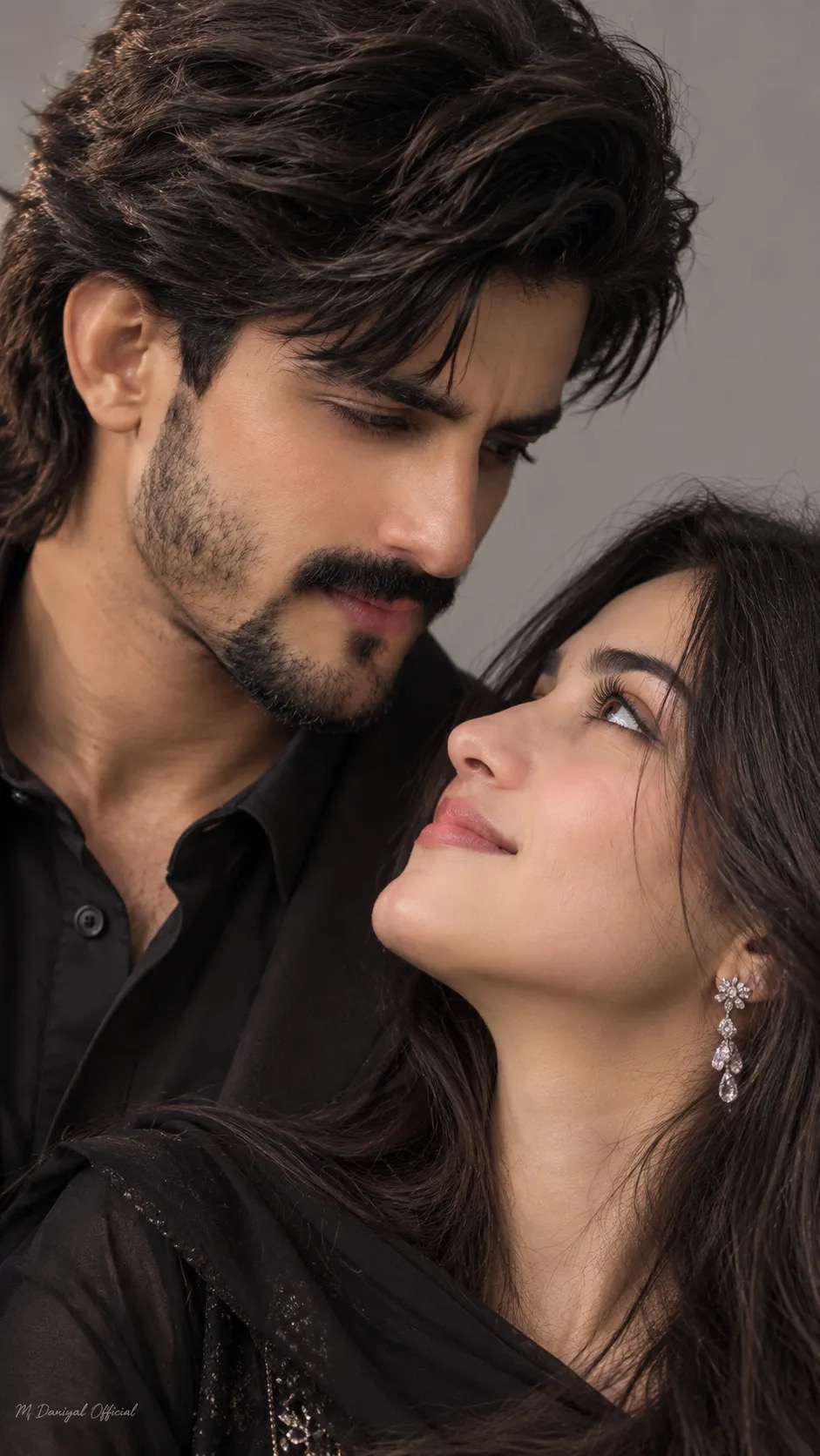 Create an ultra-realistic high-end cinematic couple portrait using the uploaded male and female reference images as visual appearance