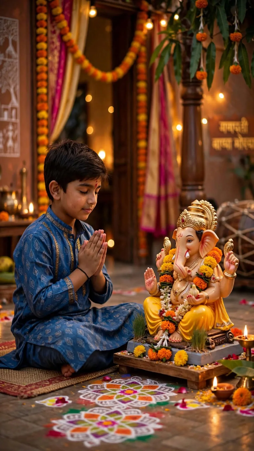 A cute 8-year-old Indian boy in a royal blue kurta with golden print, sitting cross-legged on the floor doing pranam to a beautiful Lord