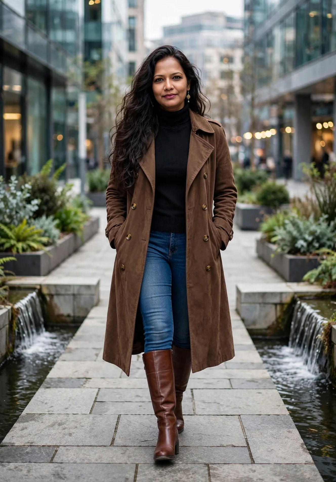 > Photorealistic full-body photo of a young woman with long wavy voluminous dark brown hair walking towards camera on a modern urban