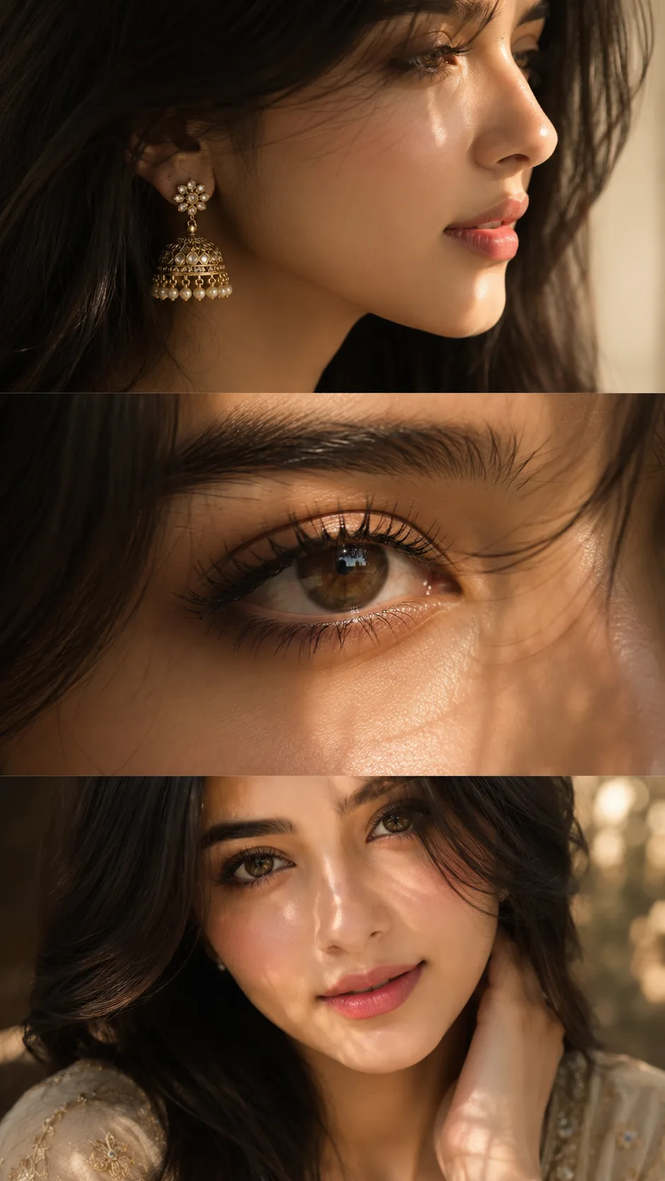 Luxurious cinematic feminine beauty collage in three elegant horizontal frames, editorial fashion photography, ultra-realistic, high-end