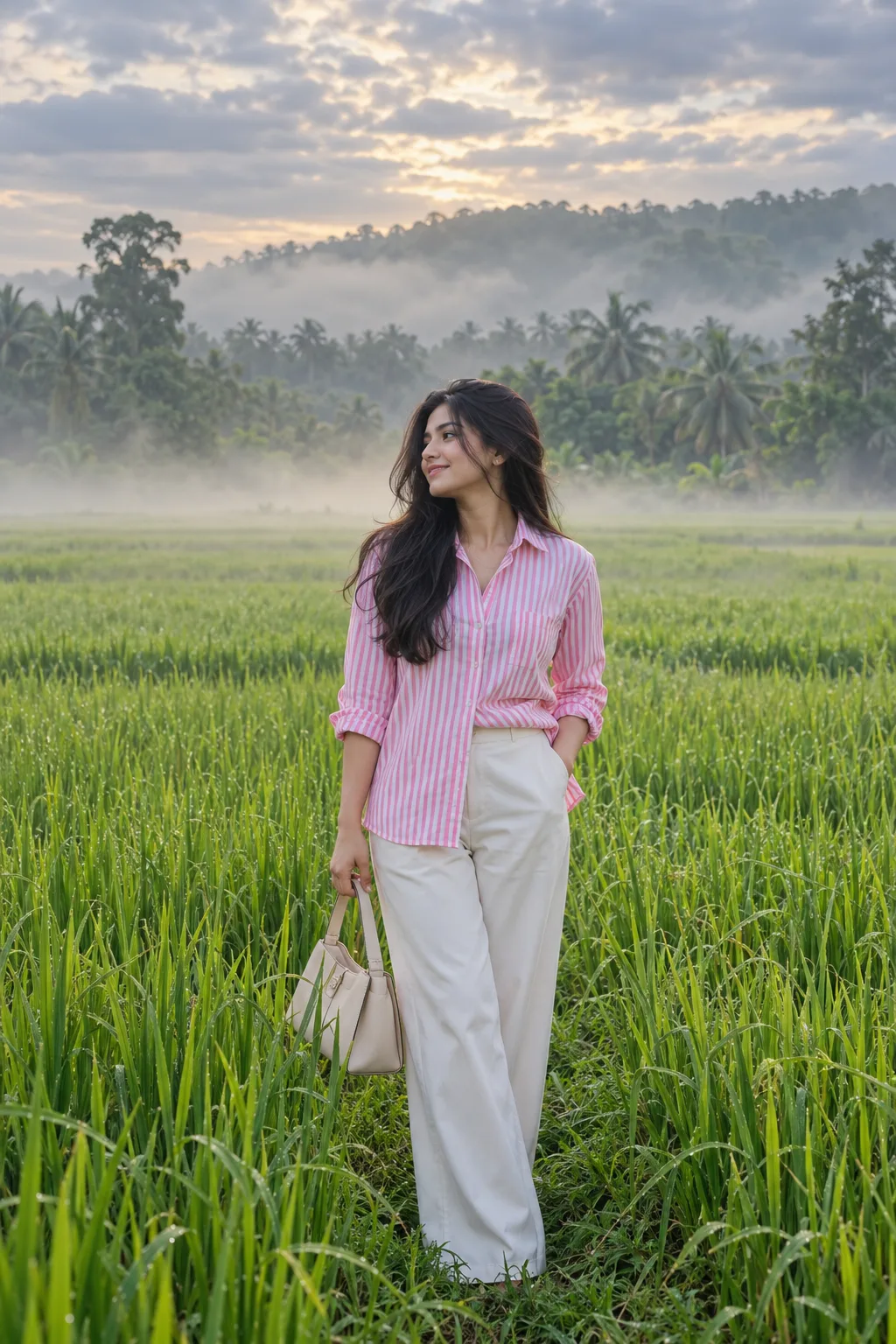 A beautiful young Indian woman standing in the middle of a lush green paddy field (dhan ka khet) during a misty morning.