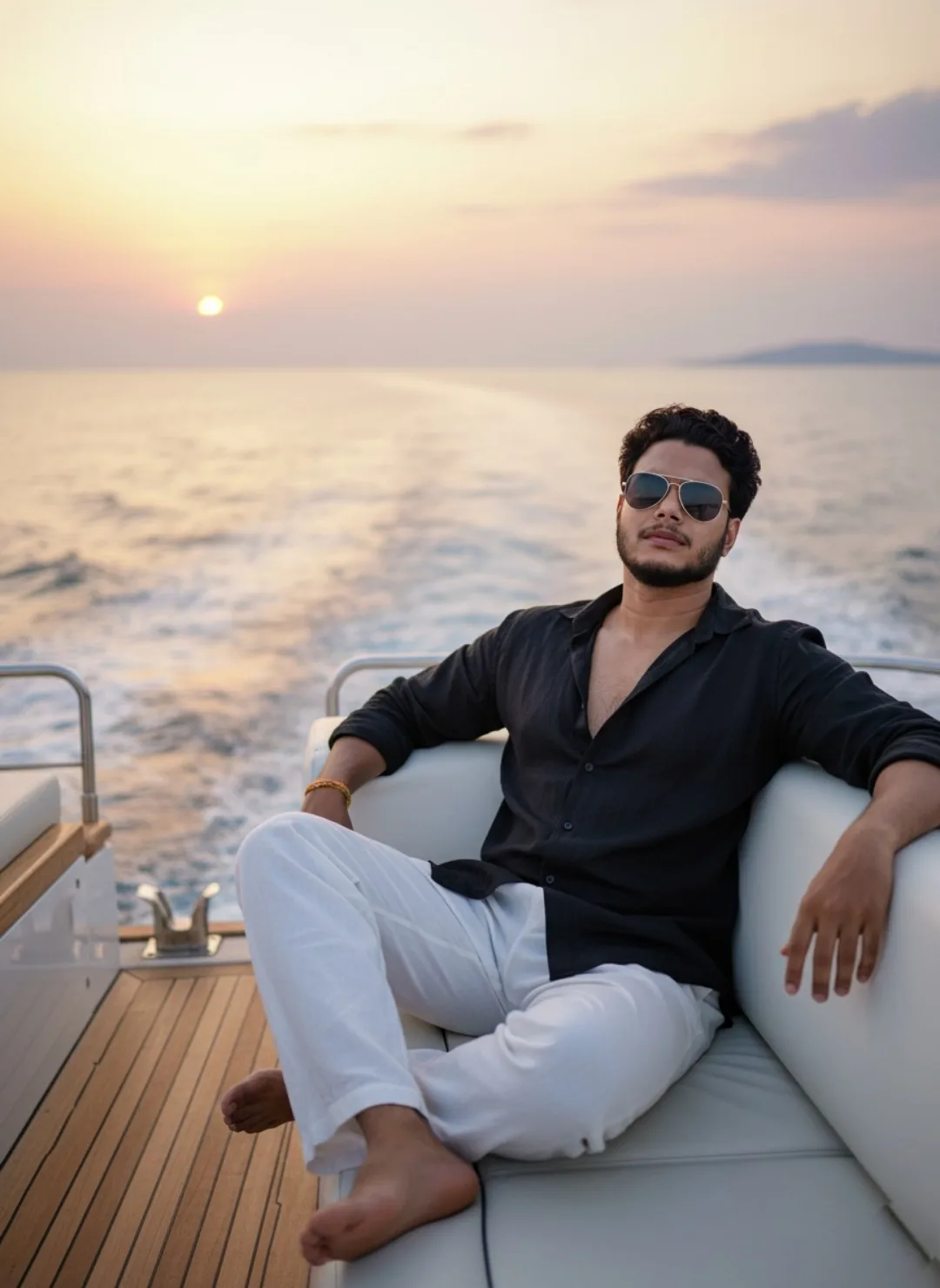 A stylish young South Asian man with medium-length curly black hair, short beard and mustache, wearing gold-rimmed aviator sunglasses, a