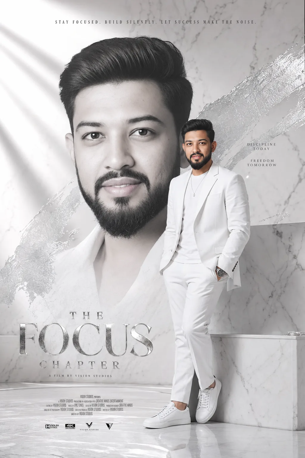 Create an ultra realistic Film poster featuring the same person with identical facial features.