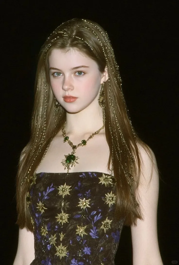 A photorealistic dark fantasy portrait of a young woman with fair porcelain skin, long straight chestnut-brown hair, soft natural eyebrows,