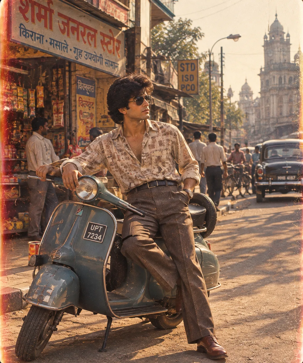 Photorealistic cinematic 1980s Indian street scene featuring a young person casually sitting on a classic vintage scooter, one foot resting