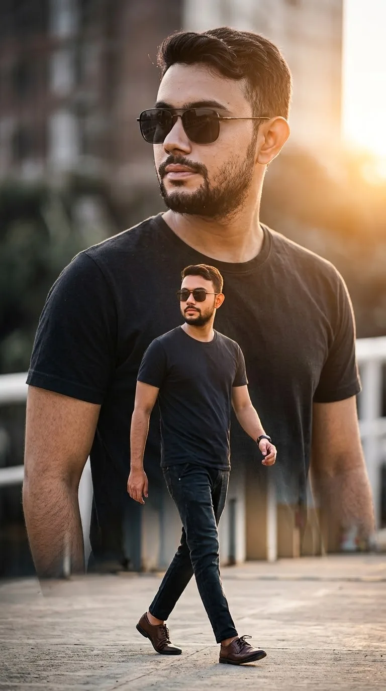 Create an ultra-realistic cinematic fine-art photograph of a young South Asian man shown in a quiet romantic silhouette, standing outdoors