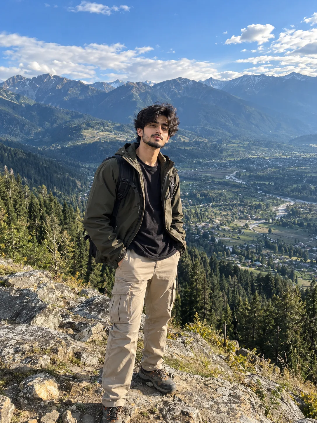 Ultra realistic photograph of a young man standing on a mountain viewpoint during daytime, shot on a real DSLR camera.