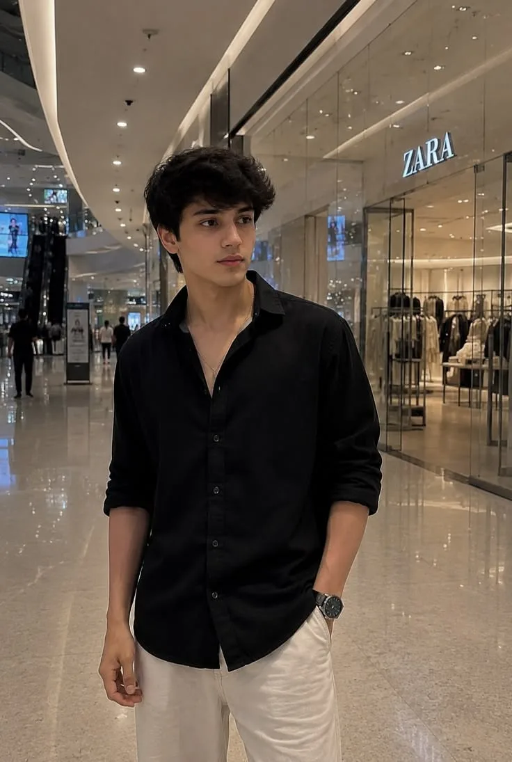 A medium-shot portrait of a handsome 20-year-old South Asian male model with messy, voluminous black hair.