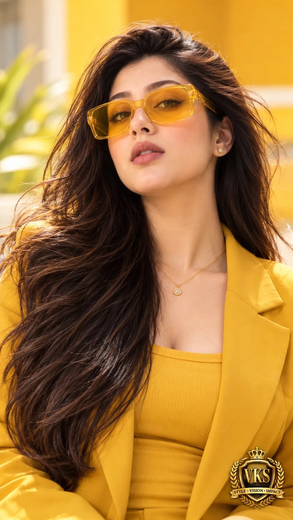 A glamorous young South Asian woman with long, voluminous dark-brown hair poses in a close-up three-quarter portrait, gazing confidently