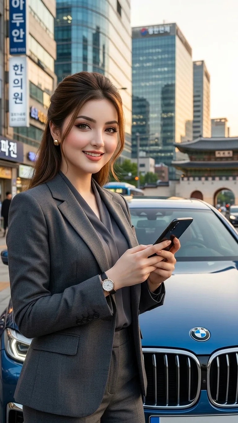 > A professional and elegant portrait of a beautiful young Korean business woman, standing confidently in a bustling street of Seoul,