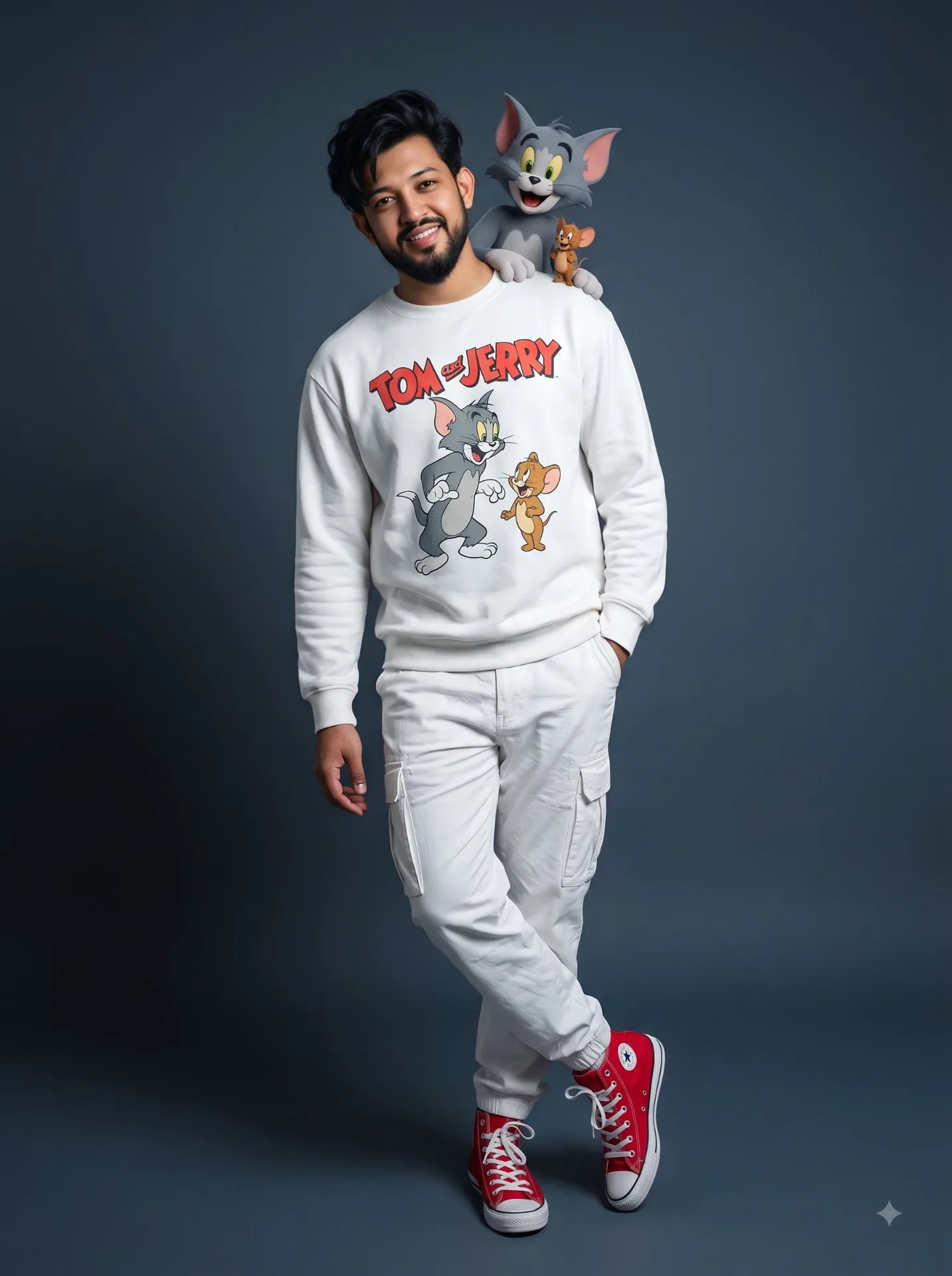 Ultra-realistic 4:5 full-body studio fashion photo of a young South Asian man with warm medium-brown skin, sharp jawline, beard, and heavy