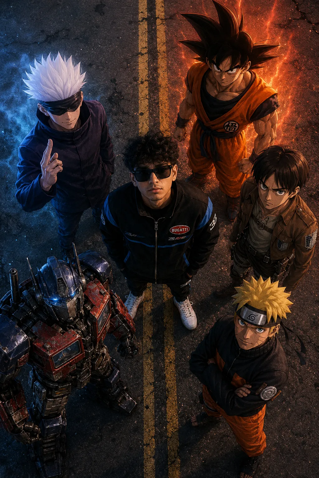 @Create image Create a cinematic hybrid real-life + anime group scene from a high top-down camera angle, matching the same roagckground,