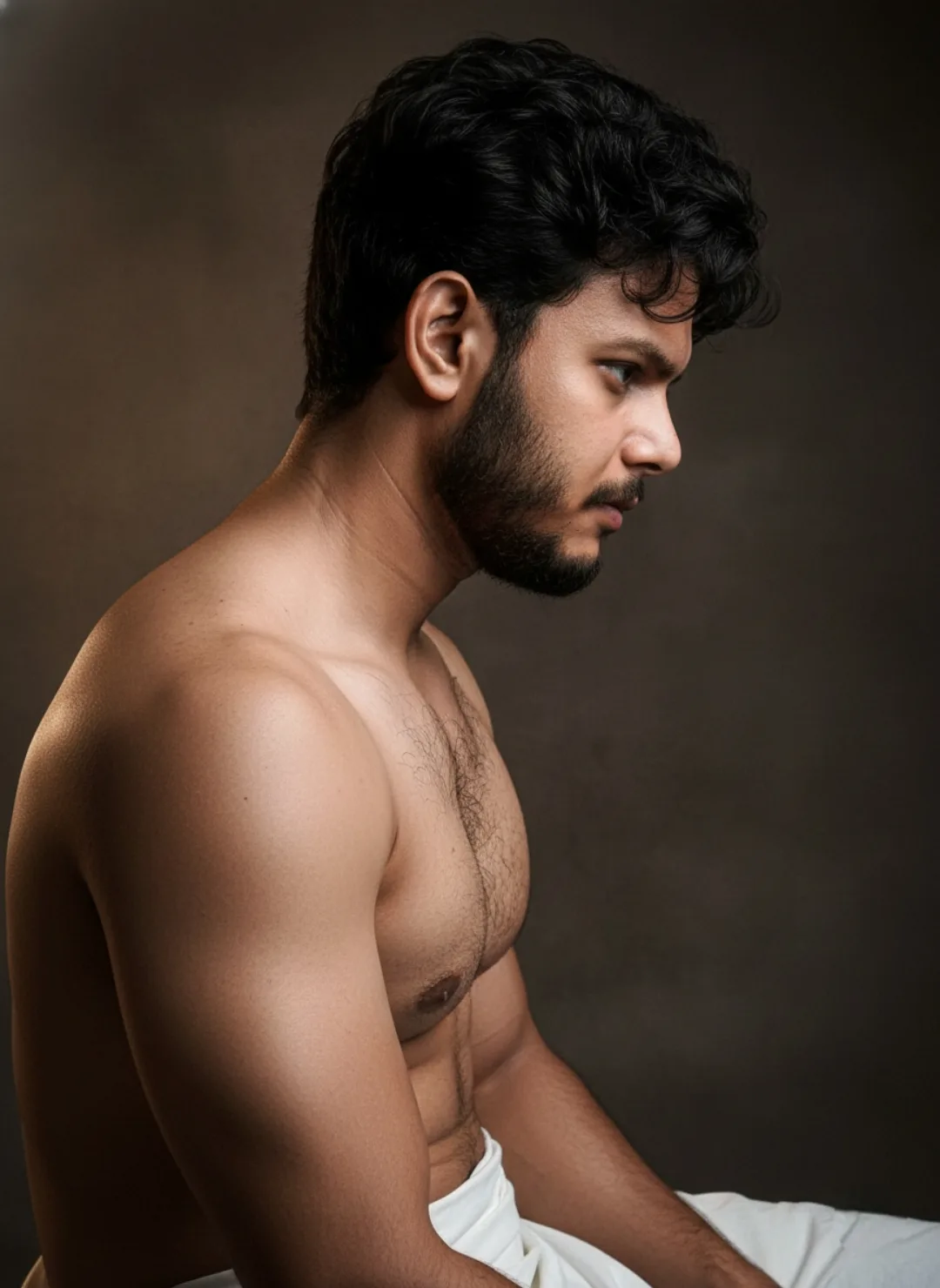 A highly detailed cinematic portrait of a young Indian man in his mid-20s, shown in a side profile view looking slightly downward to the