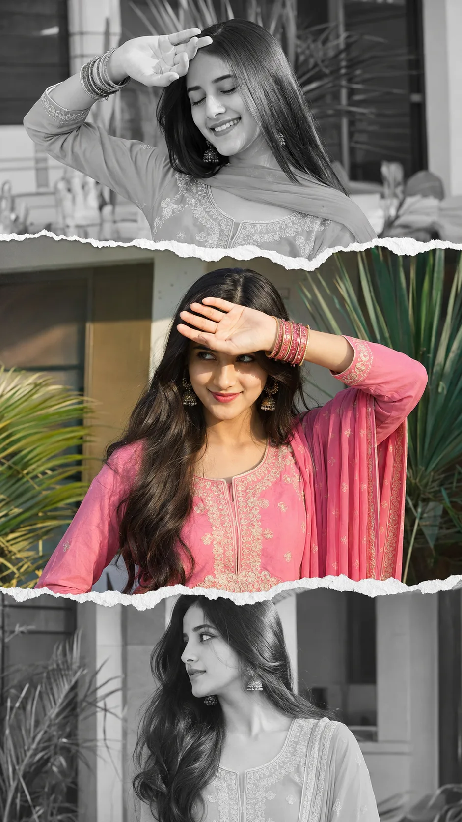 Create a highly realistic, aesthetic vertical Instagram-style photo collage featuring the same young Indian woman in three different