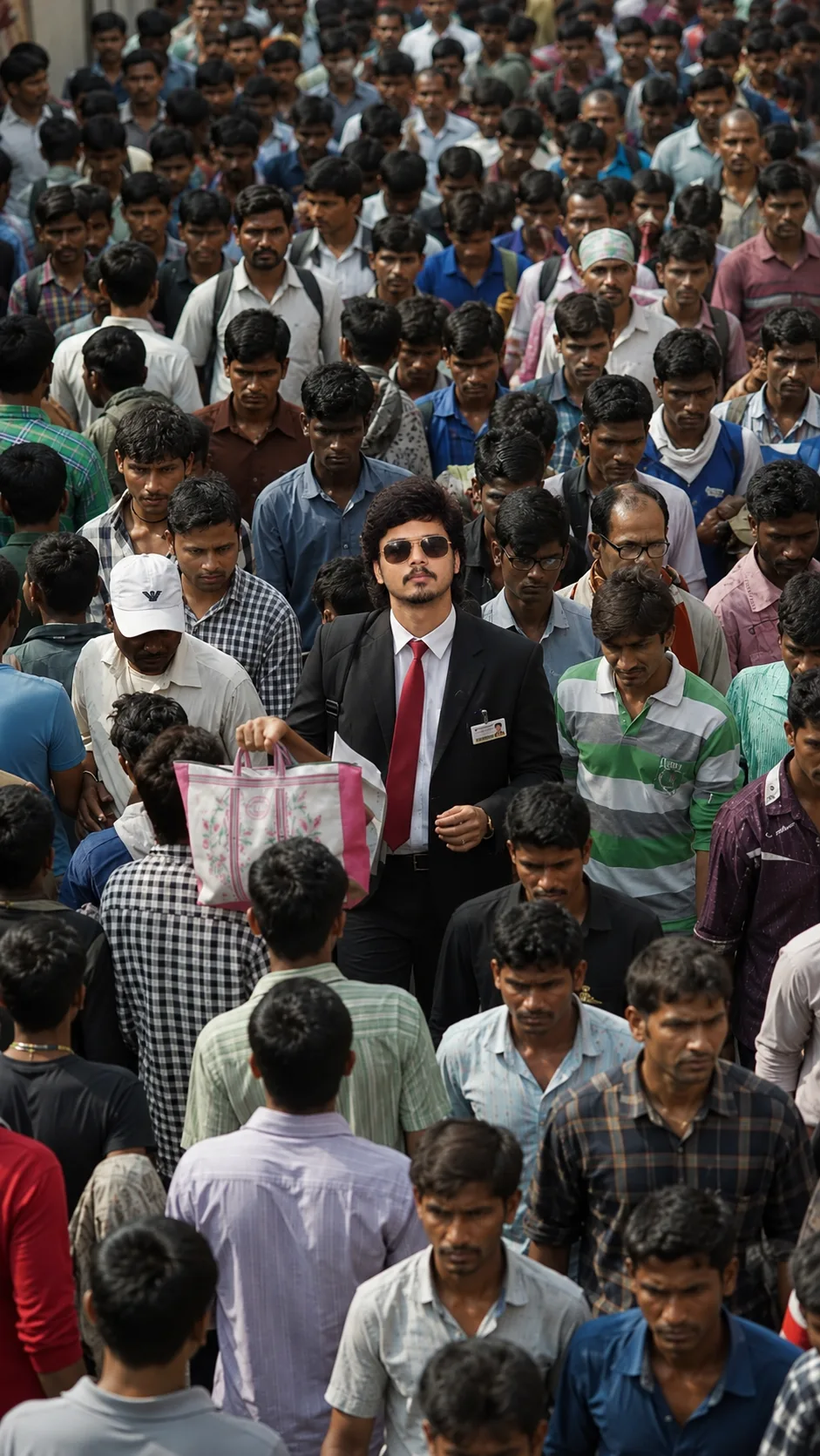 Create an ultra-realistic cinematic documentary-style photograph of a massive, tightly packed crowd of South Asian men walking through a