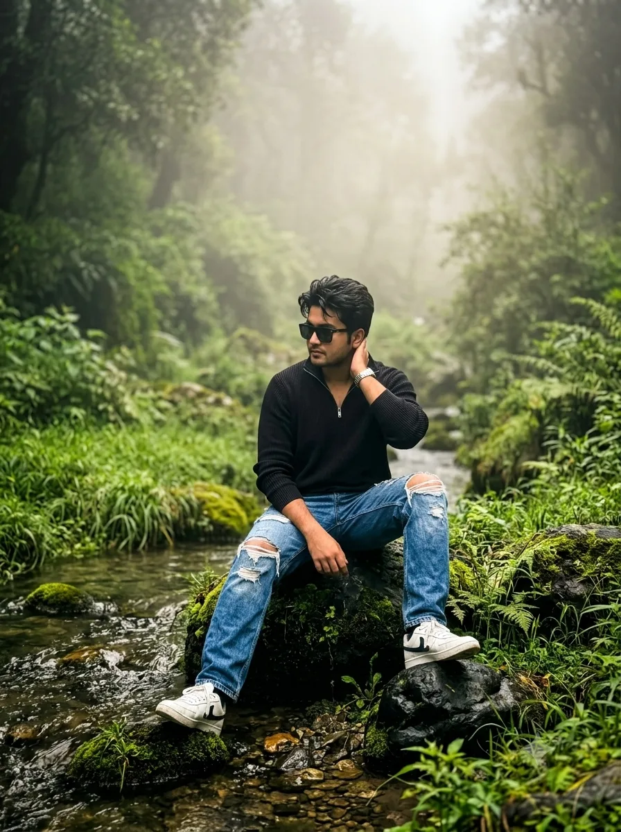 Create an image VIBRANT AND MOODY OUTDOOR PORTRAIT OF A YOUNG MAN SITTING ON A MOSSY BLACK ROCK BY A GENTLE STREAM.