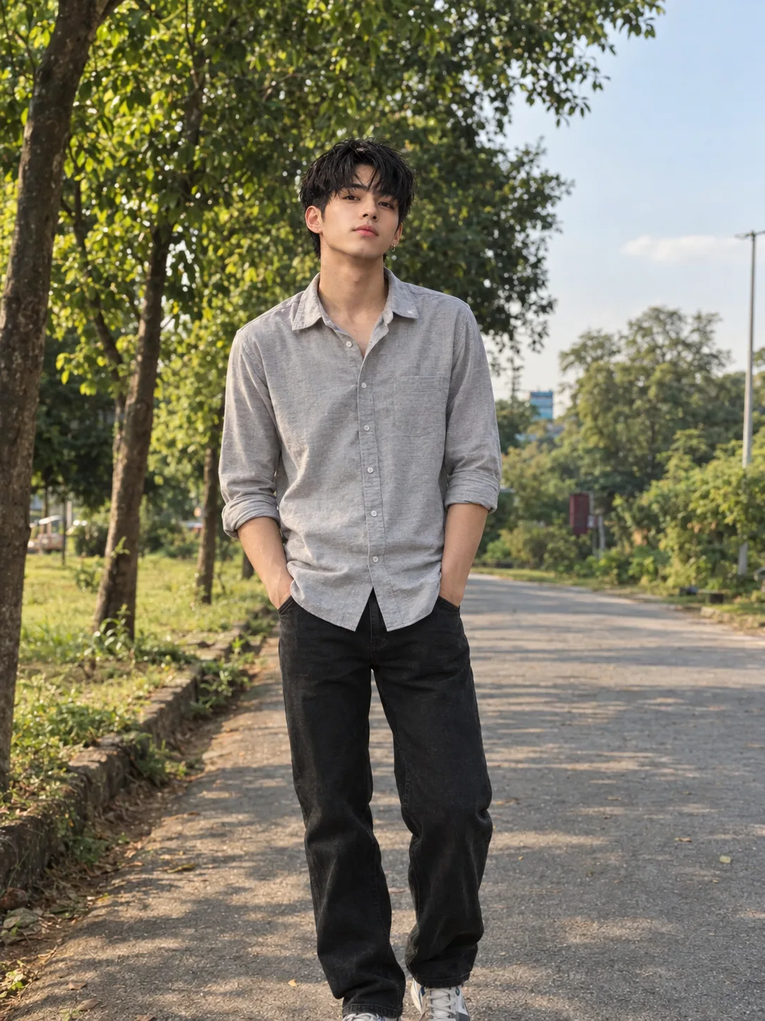 Ultra realistic natural cinematic photograph of a young man standing in a quiet outdoor setting during soft daylight, shot on a real DSLR
