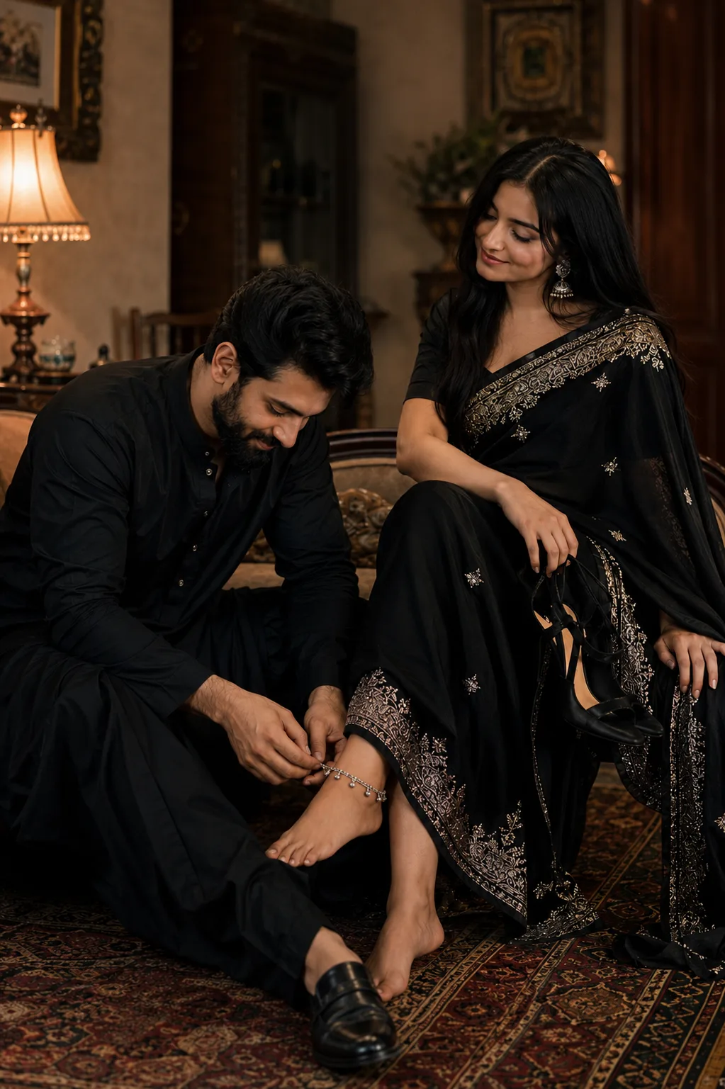 A WARM, CINEMATIC INDOOR PORTRAIT OF A COUPLE IN MATCHING BLACK TRADITIONAL ATTIRE.